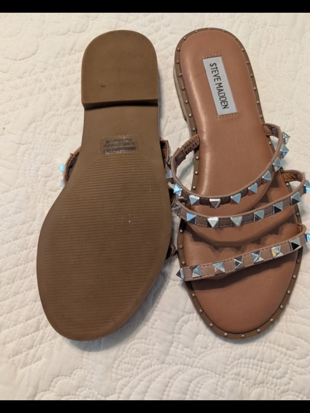 Steve Madden Tan Slide Sandals with Silver Pyramid Studs
